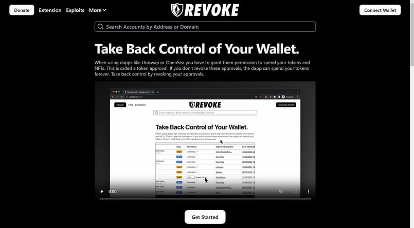 Giao diện website của Revoke Cash